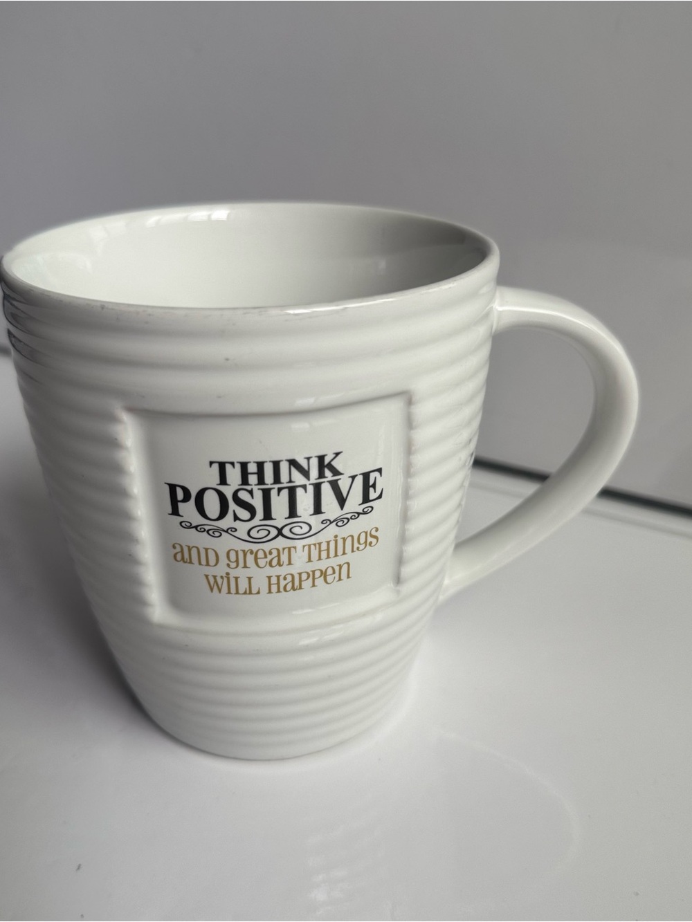 The Old Pottery Company "Think Positive “ Ribbed Coffee Mug Large Ceramic